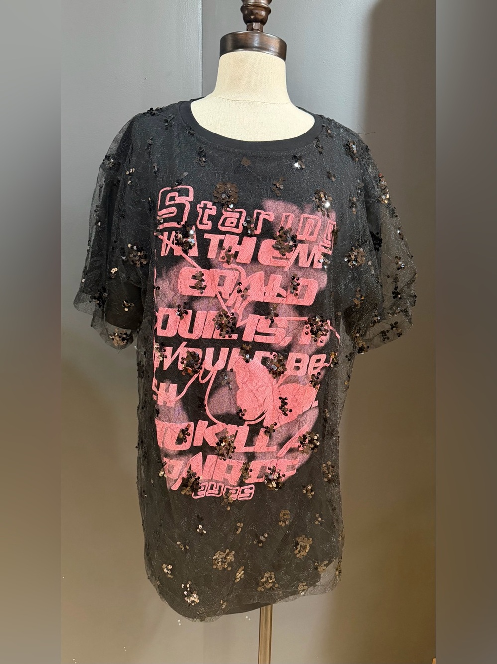 Black Sequin Graphic Tee with Pink Print